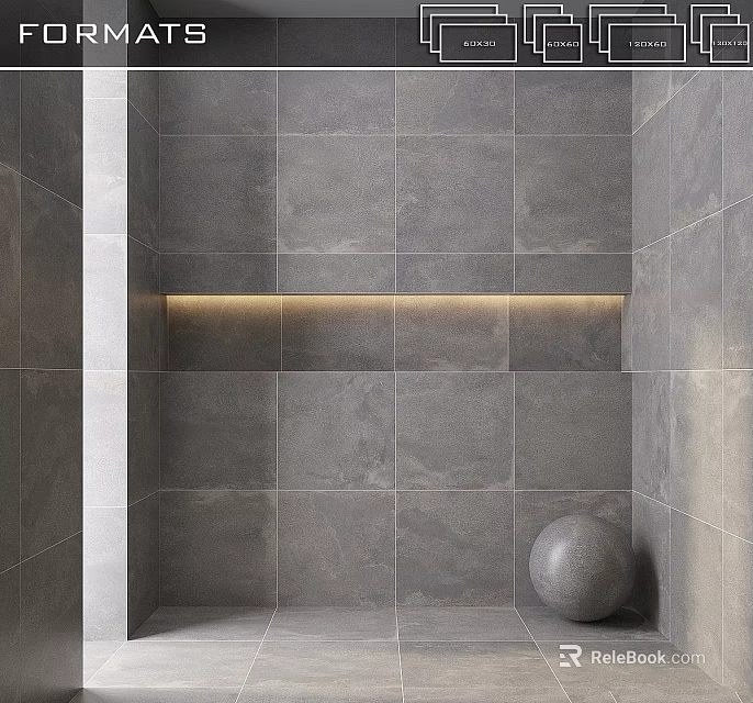Modern Wall Mounted Shelf in Gray Tiled Interior With LED Light Strip And Spherical Decor 3d model 