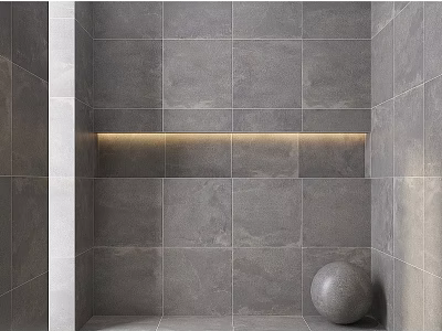Modern Wall Mounted Shelf in Gray Tiled Interior With LED Light Strip And Spherical Decor 3d model
