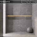Modern Wall Mounted Shelf in Gray Tiled Interior With LED Light Strip And Spherical Decor