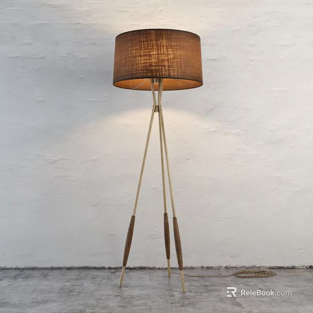 Modern Tripod Floor Lamp With Gold Stand And Brown Linen Shade 3d model 