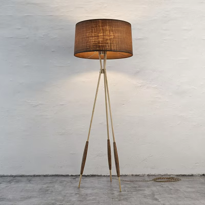 Modern Tripod Floor Lamp With Gold Stand And Brown Linen Shade 3d model