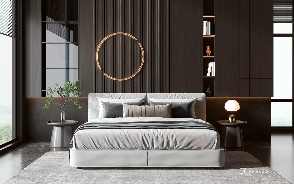Modern Double Bed With Upholstered Design Vertical Striped Wall Round Decor Side Tables And Lamp 3d model 