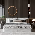 Modern Double Bed With Upholstered Design Vertical Striped Wall Round Decor Side Tables And Lamp