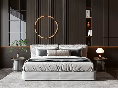 Modern Double Bed With Upholstered Design Vertical Striped Wall Round Decor Side Tables And Lamp 3d model