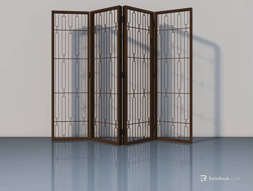 Classic Folding Screen With Intricate Metal Frame And Geometric Patterns On Smooth Floor 3d model