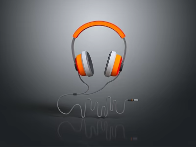 Wired Computer Headphones With Orange Frame White Ear Cups Gray Background And Reflection 3d model