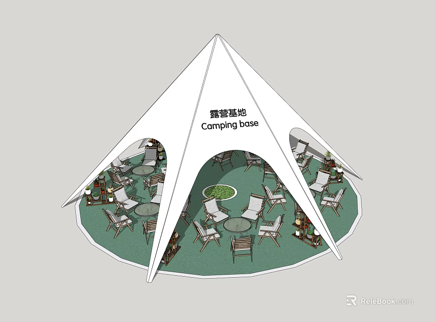 Camping Base Dining Table And Chair Sets In Tent Structure With Green Lawn 3d model 