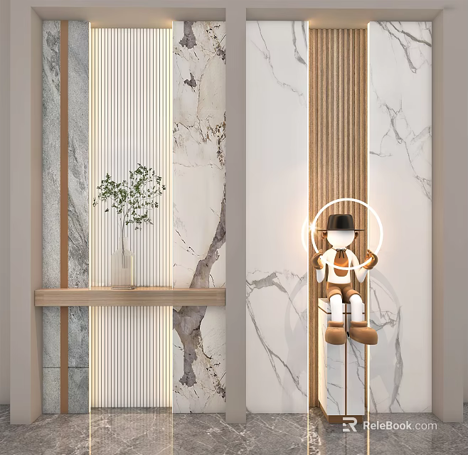 Modern Elegant Sofa Background Wall With Marble Texture And Wooden Accents 3d model