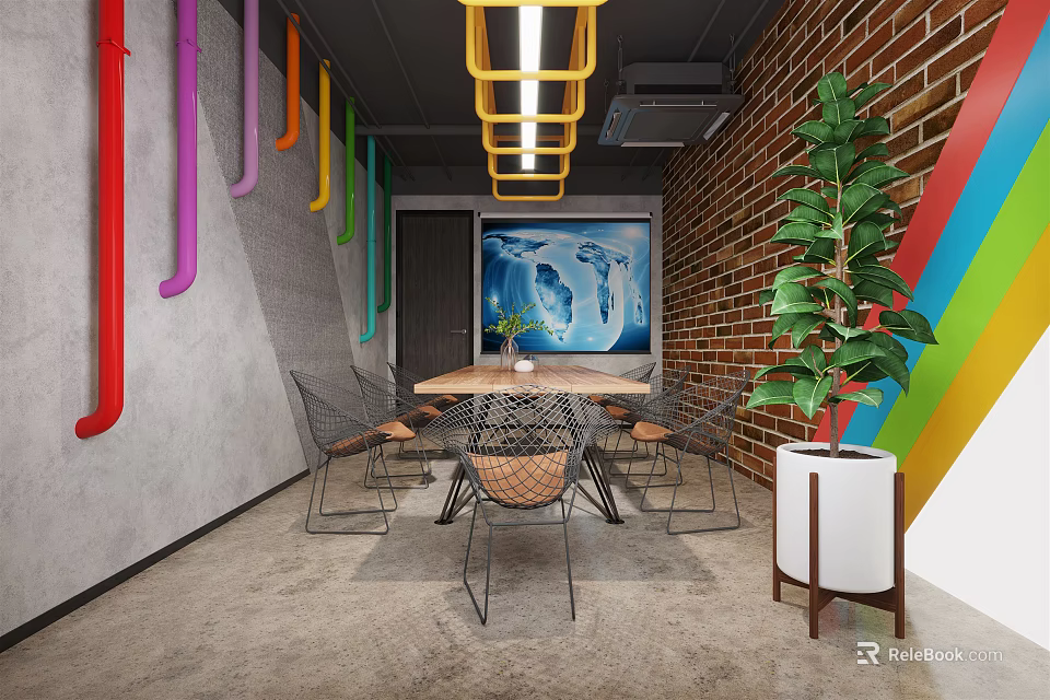 Modern Conference Room Interior With Brick Wall Colorful Pipes World Map And Green Plant 3d model 