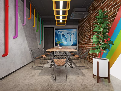 Modern Conference Room Interior With Brick Wall Colorful Pipes World Map And Green Plant 3d model