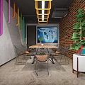 Modern Conference Room Interior With Brick Wall Colorful Pipes World Map And Green Plant