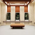 Elegant Exhibition Hall Interior With Beige Walls Wooden Accents Grid Ceiling And Brown Bench