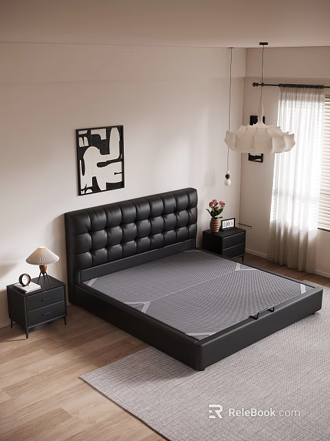 Modern Bedroom Interior Design With Black Tufted Leather Headboard Gray Mattress Nightstands And Table Lamp 3d model 