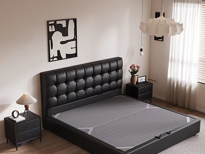 Modern Bedroom Interior Design With Black Tufted Leather Headboard Gray Mattress Nightstands And Table Lamp 3d model
