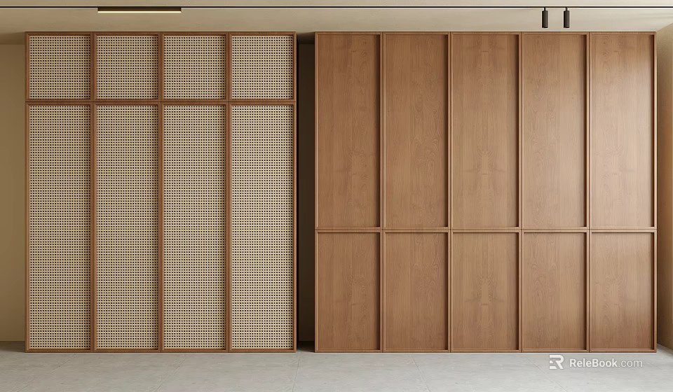 Modern Wooden Wardrobe With Grid Pattern Doors And Solid Panel Design 3d model 