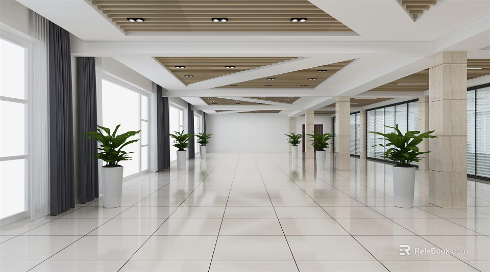 Spacious Front Desk Reception Area With White Tiled Floor Wooden Ceiling And Green Plants 3d model 