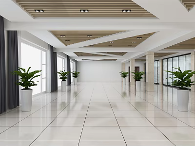 Spacious Front Desk Reception Area With White Tiled Floor Wooden Ceiling And Green Plants 3d model