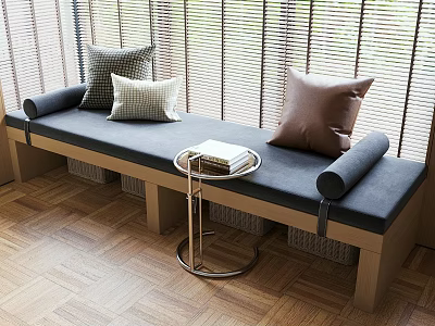 Stylish Indoor Bench With Various Pillows Round Side Table Near Window Blinds On Wooden Floor 3d model