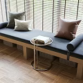 Stylish Indoor Bench With Various Pillows Round Side Table Near Window Blinds On Wooden Floor