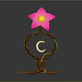Plant with Pink Star Shaped Flower Yellow Center and C Shaped Vines Brown Roots on Gray Background