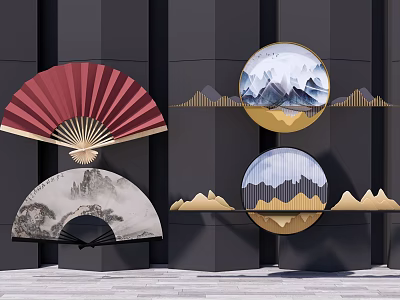 Traditional Chinese Wall Decor with Red Fan Circular Landscape Paintings and Golden Mountain Accents 3d model
