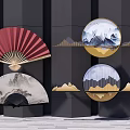 Traditional Chinese Wall Decor with Red Fan Circular Landscape Paintings and Golden Mountain Accents