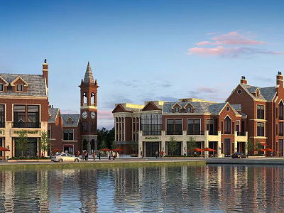 European Style Commercial Complex Featuring Clock Tower Red Brick Buildings Waterfront Reflection And Pedestrians 3d model