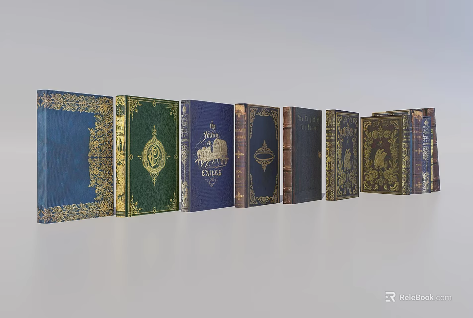 Vintage Hardcover Books Collection With Colorful Covers And Golden Decorations 3d model 