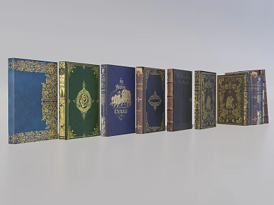 Vintage Hardcover Books Collection With Colorful Covers And Golden Decorations 3d model