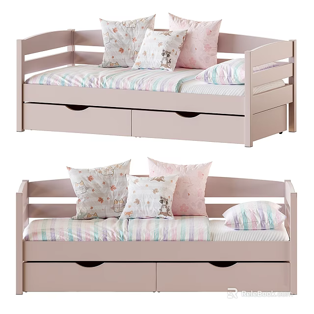 Cozy Kids Bed With Storage Drawers And Colorful Patterned Bedding 3d model 