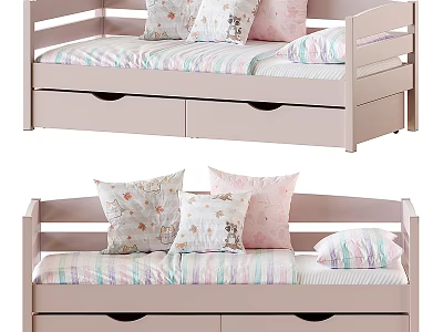 Cozy Kids Bed With Storage Drawers And Colorful Patterned Bedding 3d model