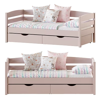 Cozy Kids Bed With Storage Drawers And Colorful Patterned Bedding 3d model