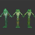 Three frogs dressed in different colored costumes with unique designs standing together 3d model