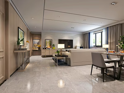 Modern Living And Dining Room Interior With Sofa Dining Table And Large Windows 3d model
