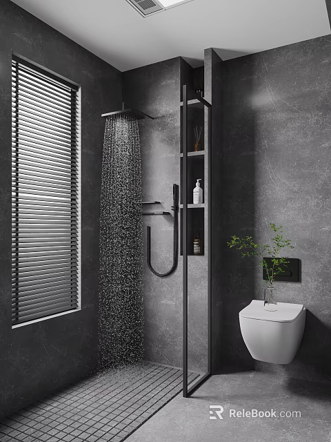Modern Bathroom Interior With Waterfall Shower Gray Wall Shelf Unit And Toilet Plant 3d model 