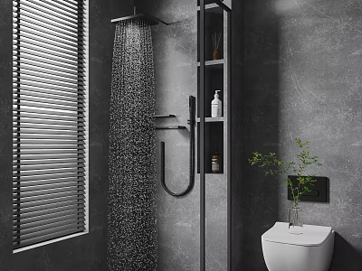 Modern Bathroom Interior With Waterfall Shower Gray Wall Shelf Unit And Toilet Plant 3d model