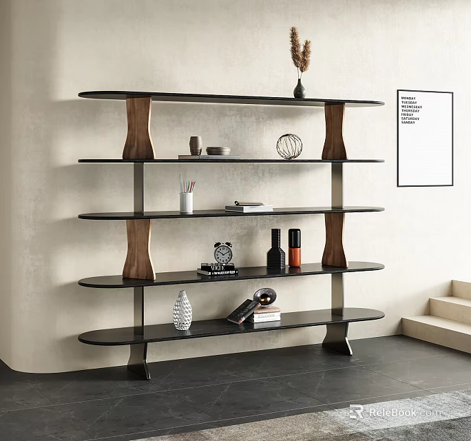 Modern Black Storage Shelf With Multiple Tiers Wooden Supports And Decorative Items 3d model 