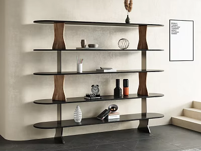 Modern Black Storage Shelf With Multiple Tiers Wooden Supports And Decorative Items 3d model