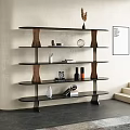 Modern Black Storage Shelf With Multiple Tiers Wooden Supports And Decorative Items