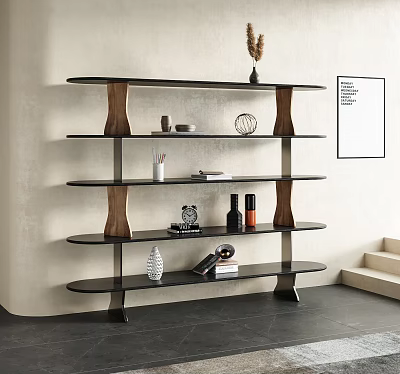 Modern Black Storage Shelf With Multiple Tiers Wooden Supports And Decorative Items 3d model