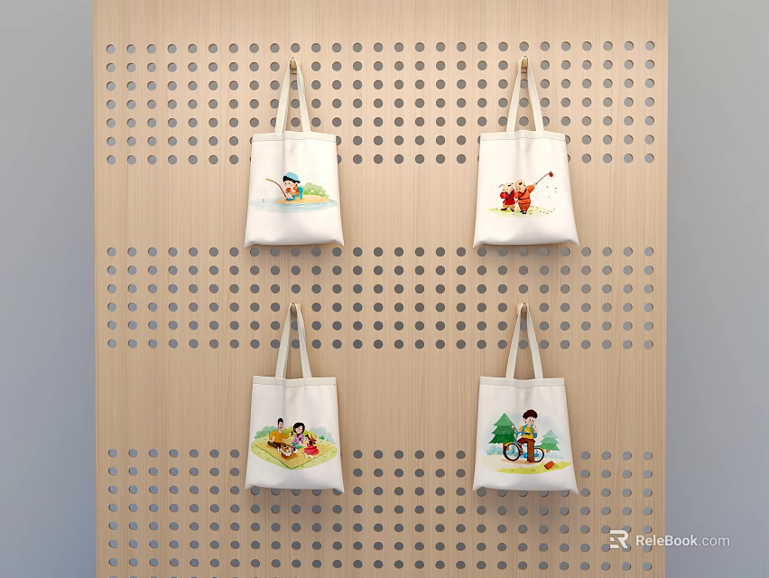 White Lifestyle Tote Bags With Different Patterns Hanging On Wooden Perforated Board 3d model 