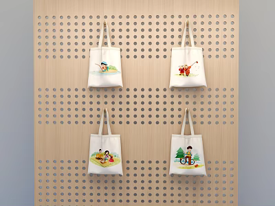 White Lifestyle Tote Bags With Different Patterns Hanging On Wooden Perforated Board 3d model