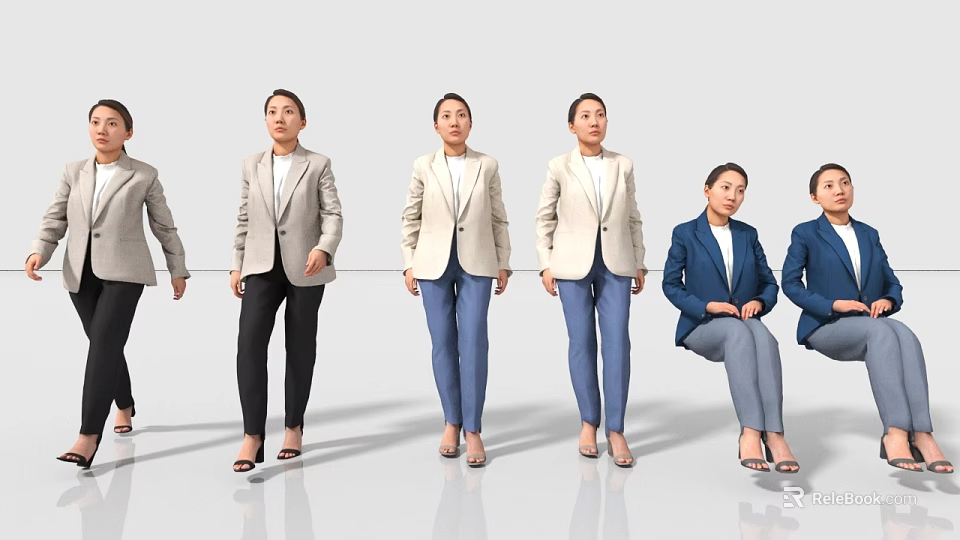 Women In Professional Blazers With Standing And Sitting Poses On White Studio Background 3d model 
