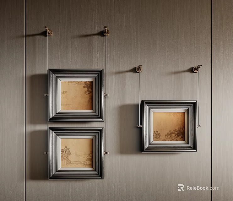 Three Black Framed Oil Paintings With Landscape Scenes Hanging On Gray Wall 3d model 