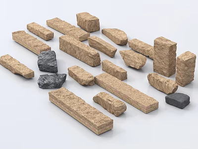 Irregular Stones and Rectangular Wood Blocks in Various Sizes and Brown Gray Tones 3d model
