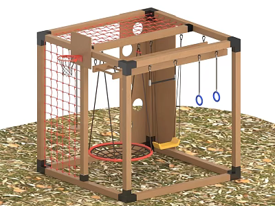 Wooden Playground Equipment With Red Climbing Net Circular Swing Yellow Seat Swings And Blue Rings 3d model