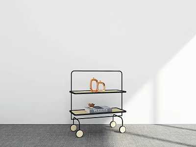 Three Tier Rolling Cart With Black Frame Ceramic Vase And Book On Gray Floor 3d model