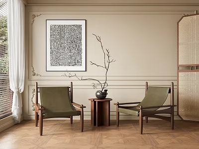 Two Green Cushioned Wooden Frame Lounge Chairs With Small Round Table And Beige Wall Art 3d model