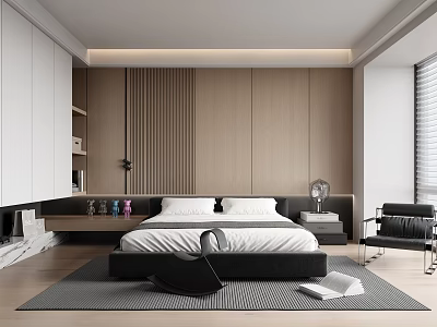 Modern Elegant Bedroom Interior With Wooden Wall Panels King Size Bed Armchair And Area Rug 3d model