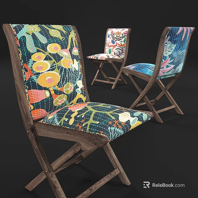 Vibrant Folding Leisure Chairs With Wooden Frame Cushioned Seats And Colorful Floral Prints 3d model 